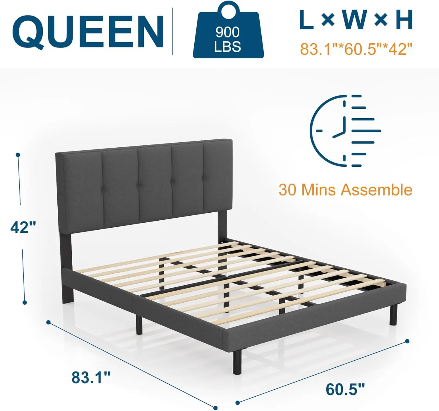 Queen Bed Frame Upholstered Platform with Headboard, Linen Fabric Wrap, Strong Frame and Wooden Slats Support