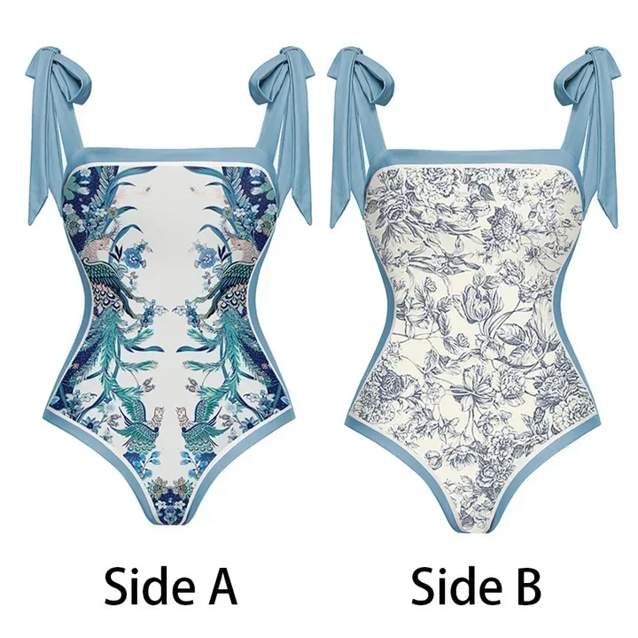 Sexy femmes couvrir maillots de bain Vintage une pièce nœud maillot de bain vêtements de plage maillot de bain impression Double face conception réversible