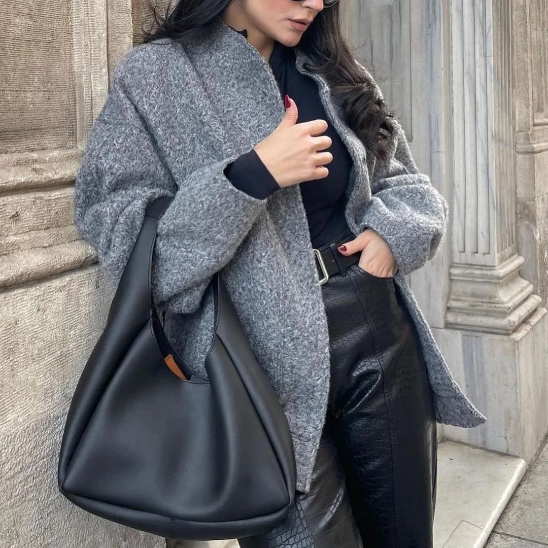 Women's Casual Color Stand-Up Collar Single-Button Large-Pocket Loose-Fitting Comfortable Long-Sleeved Coat