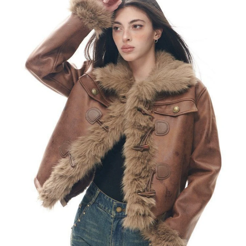 

Vintage Harajuku Fur Patchwork Jacket Autumn Winter Warm Fleece Lined Women Coat Short Top Streetwear Design Clothing Button