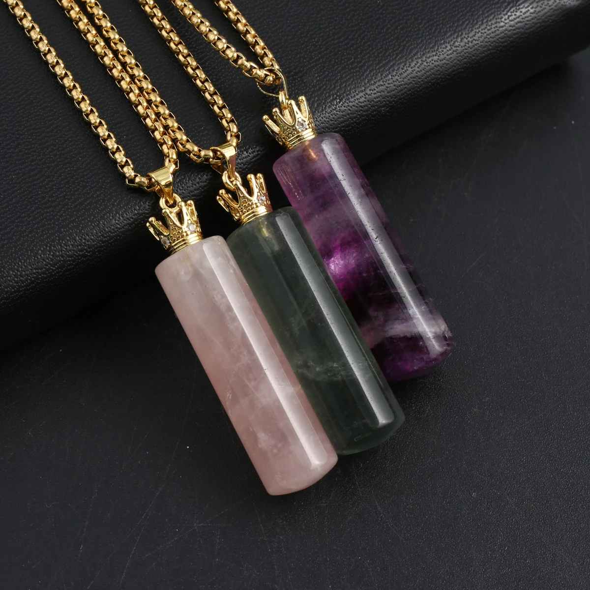 3pcs Natural Stone Perfume Bottle Pendant Necklace Cylindrical Agates Pendant Necklace Reiki for Jewelry Accessories Length 60cm