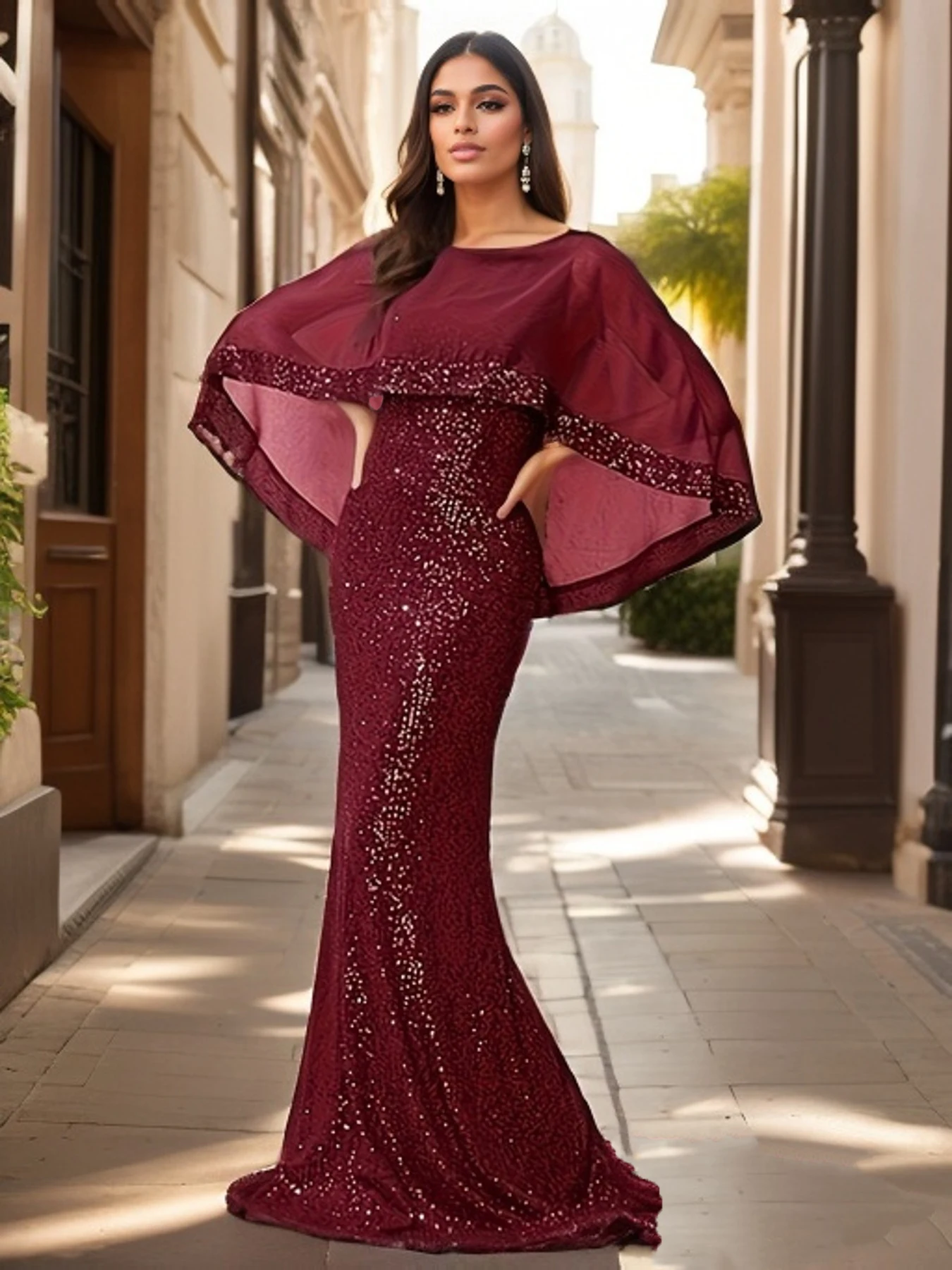 Romagic Burgundy Arabic Evening Party Dress O Neck Modest Stretch Sequin Chiffon Women Wedding Dress Formal Dinner Gown 2024