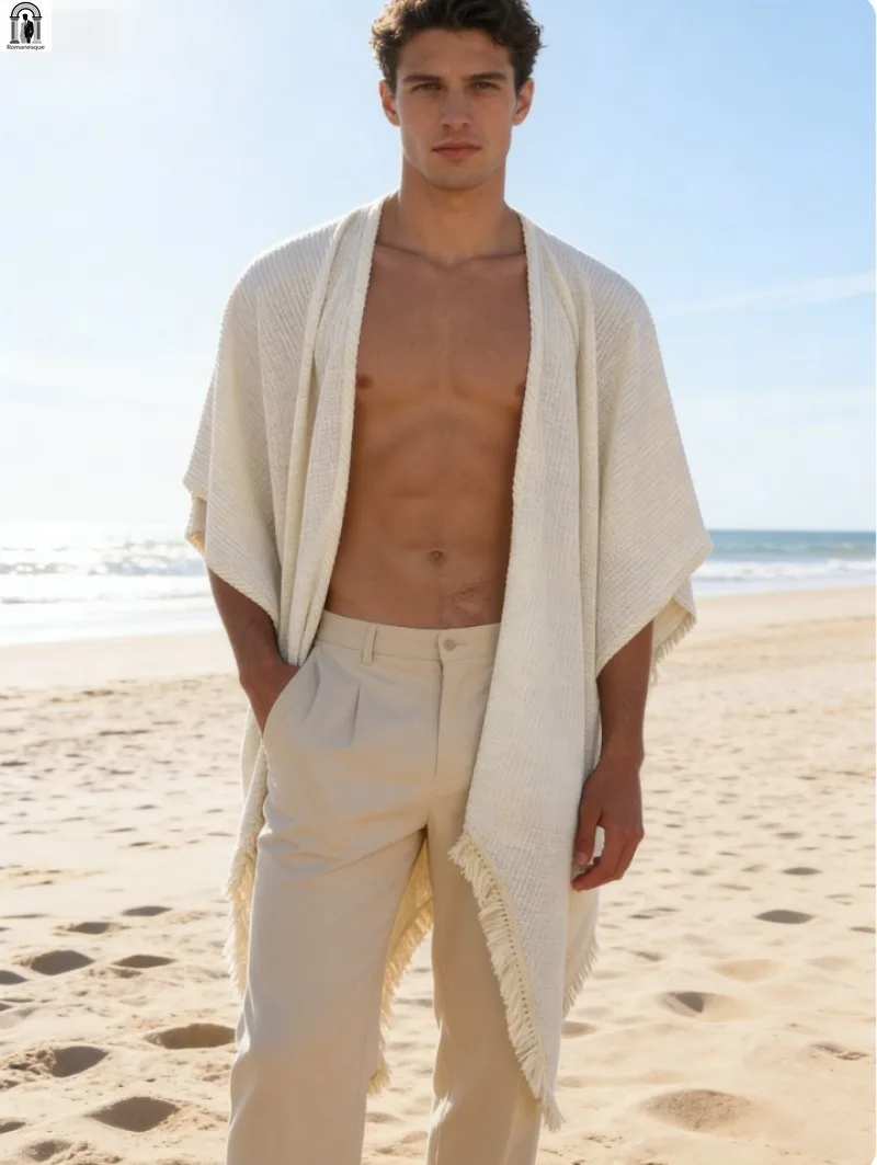 2026 New Men's Casual Tassel Hem Cape Lightweight Waffle Open Front Shawl for Beach Party & Streetwear Men's Sheer Waffle Kimono