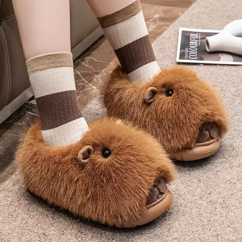 2024 Winter New Cute Kapibala Cotton Slippers Women's Home Warm Thick-soled Cotton Shoes Anti-slip Plush Slippers Lady Slippers