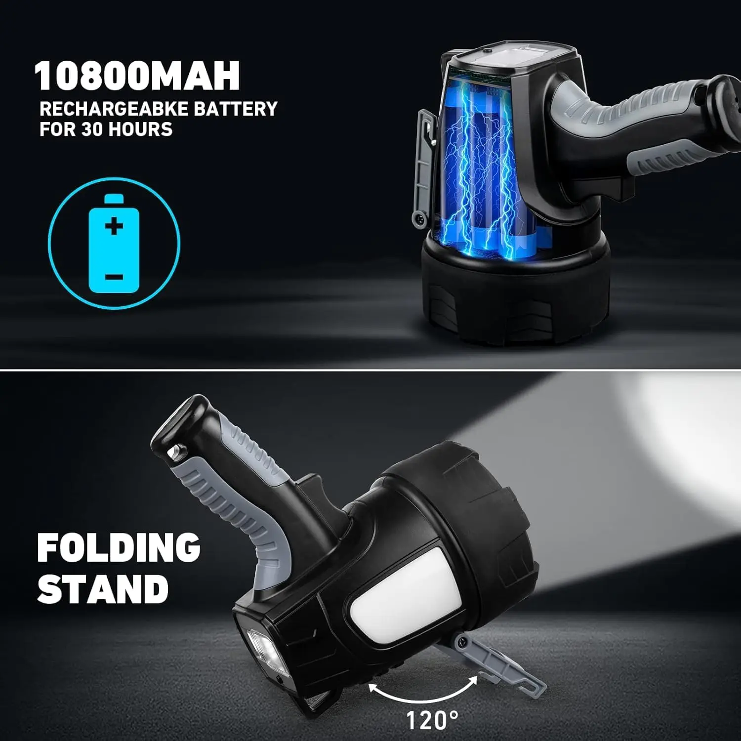 Rechargeable 90,000 Lumens LED Spotlight with COB Light, Foldable Tripod, 6 Modes Waterproof for Outdoor Marine Boating Hunting