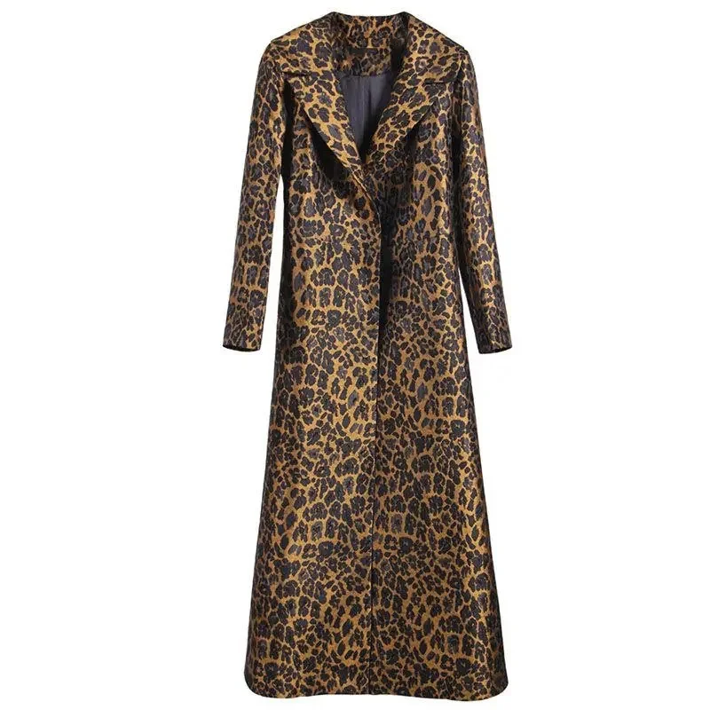 High End Fashion Leopard Coat Women Spring Autumn Korean Slim Long Trench Coat Female Windbreaker With Belt Mother Outwear 4XL