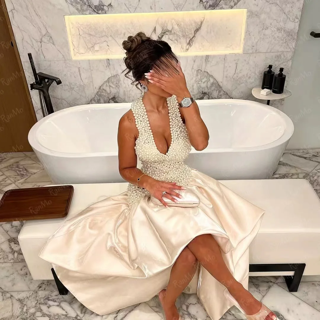 Ranmo مخصص فاخر بلا أكمام الرسن فساتين حفلة موسيقية الخامس الرقبة اللؤلؤ فساتين لحضور الحفلات الموسيقية الخامس الرقبة اللؤلؤ عارية الذراعين فساتين الحفلات المسائية #6