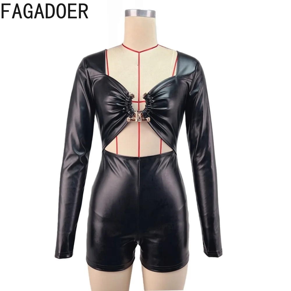 FAGADOER Mode Leder Bodycon Strampler für Frau Einfarbig Hohl-out Lange Ärmel Strampler Weibliche Streetwear Overalls 2025