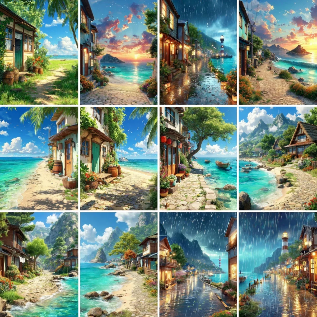 

Остров Рыбалка Деревня Цифровая картина маслом DIY Kit Ручная роспись маслом Безрамная цифровая раскраска Украшение дома