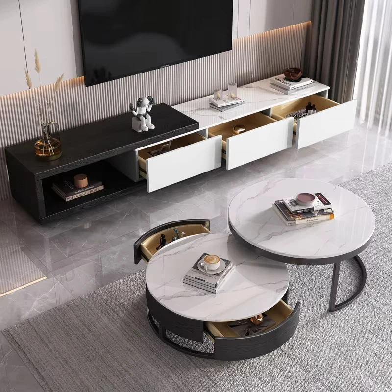 &Modern Design Round Coffee Table and TV Stand Iron Leg Marble Top Living Room Furniture Set
