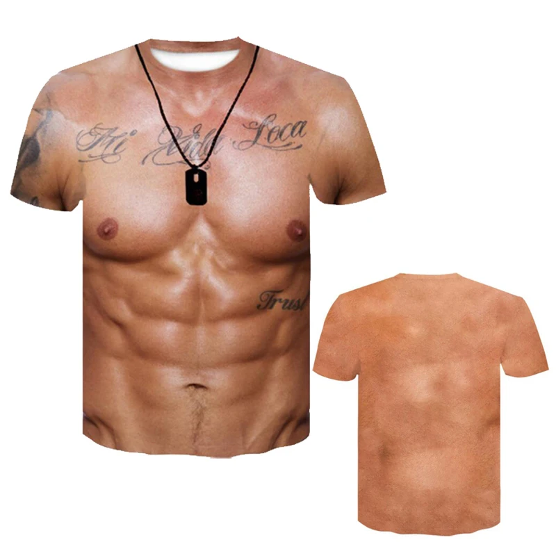 Neuartiges Herren-Freizeit-T-Shirt mit kurzen Ärmeln, 3D-Brustmuskulatur-Druck, lustiges Oberteil, Freizeitkleidung für die ganze Familie – Detail 3