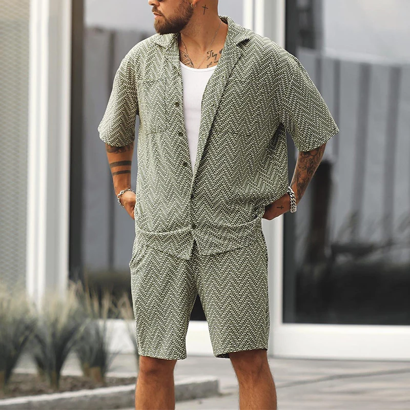 

2023 Spring Summer Short Sleeve Button Shirt And Shorts Suits Men's Clothing Fashion Loose Geometric Print Two Piece Set For Men