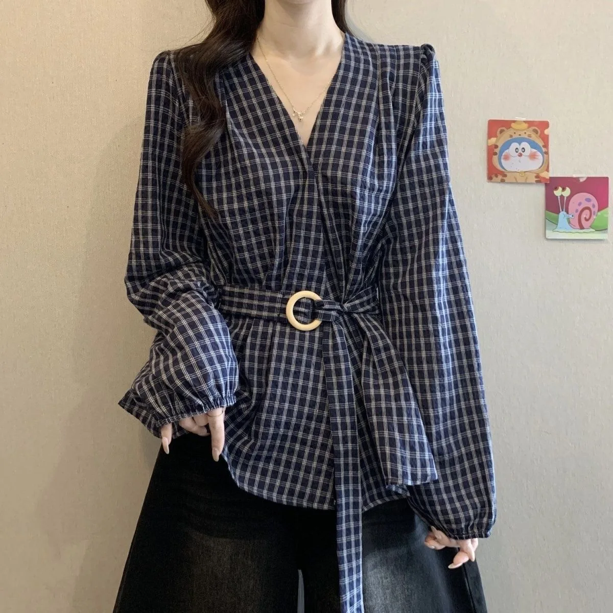 Deep Blue Plaid Long Sleeve Women's Shirt Autumn Fashion 2026 New plus Size Belly Covering Tie Waist High Waist Top