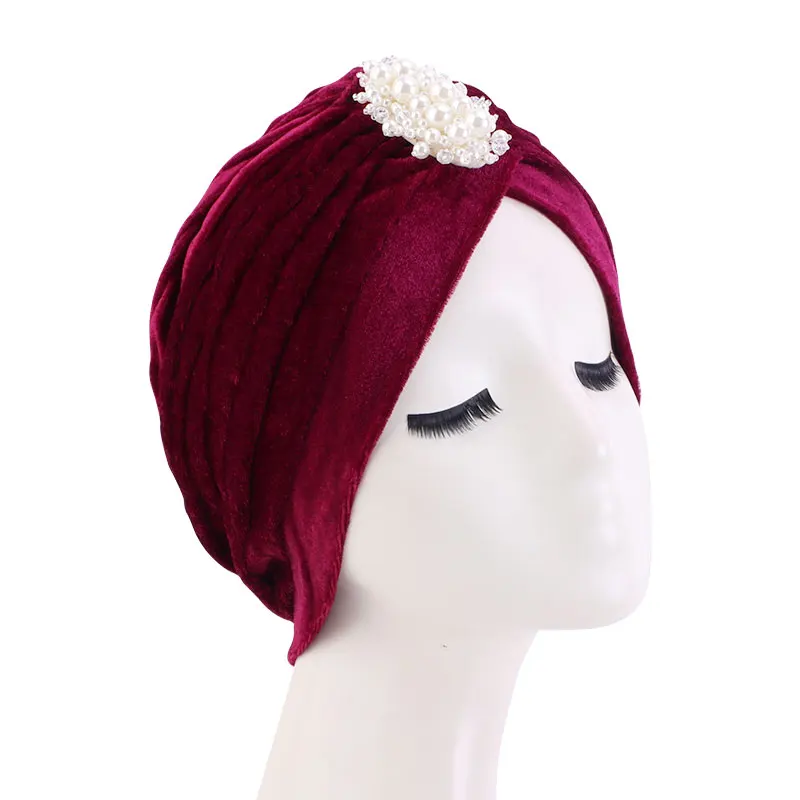 Chapeau Turban en velours pour femmes, perle torsadé, couleur unie, Hijab, chimio, Vintage, couvre-chef élégant