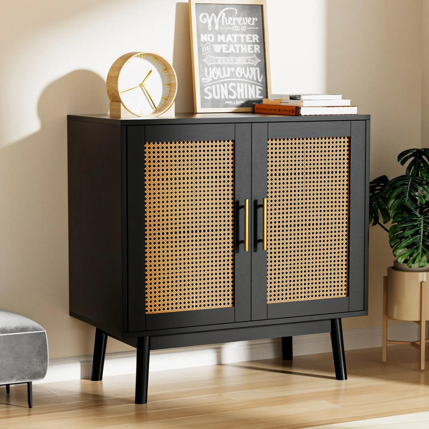 Storage Cabinet with Rattan Decor Doors Buffet Cabinet with Storage, Sideboard Cabinet for Hallway Entry Living Room Black