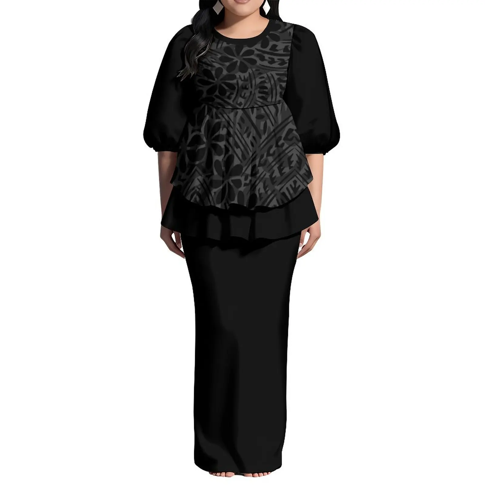 جزيرة المحيط الهادئ الفن تصميم مخصص سيدة الظهر الشق فستان ساموا نفخة الأكمام جولة الرقبة فستان بولينيزيا Puletasi فستان مكشكش 2 قطعة