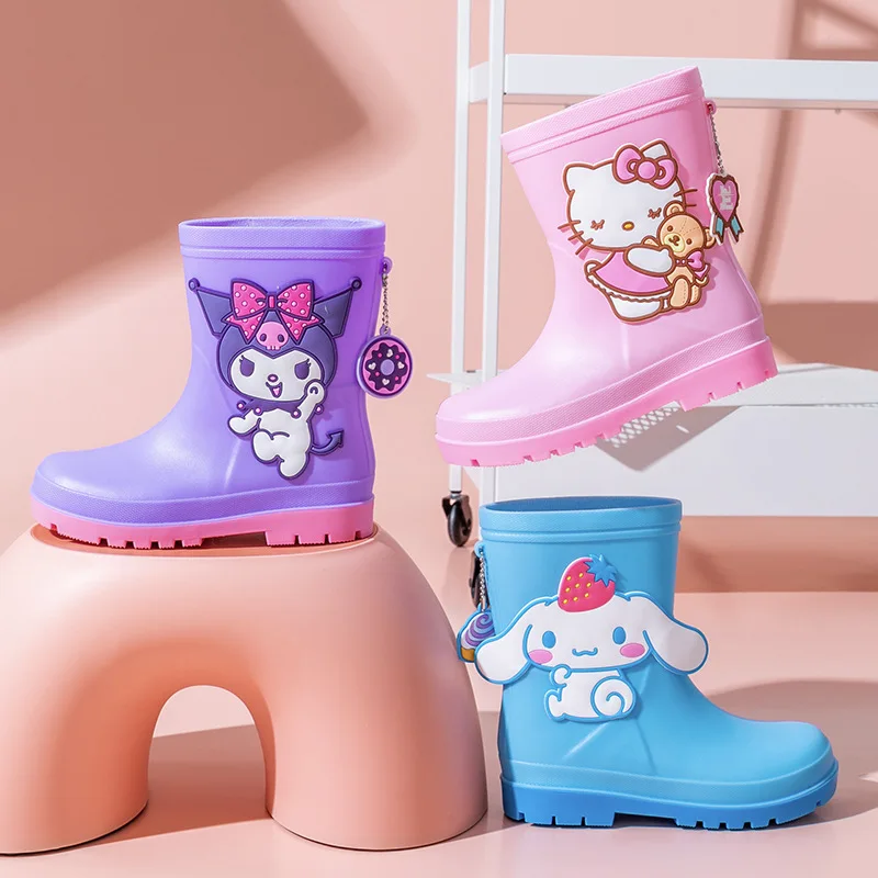 Kawaii Hello Kitty dzieci wysokie gumowe Cartoon Kuromi Cinnamoroll drukuj kalosze Sanrio studenckie przenośne śniegowce dziewczyna prezent