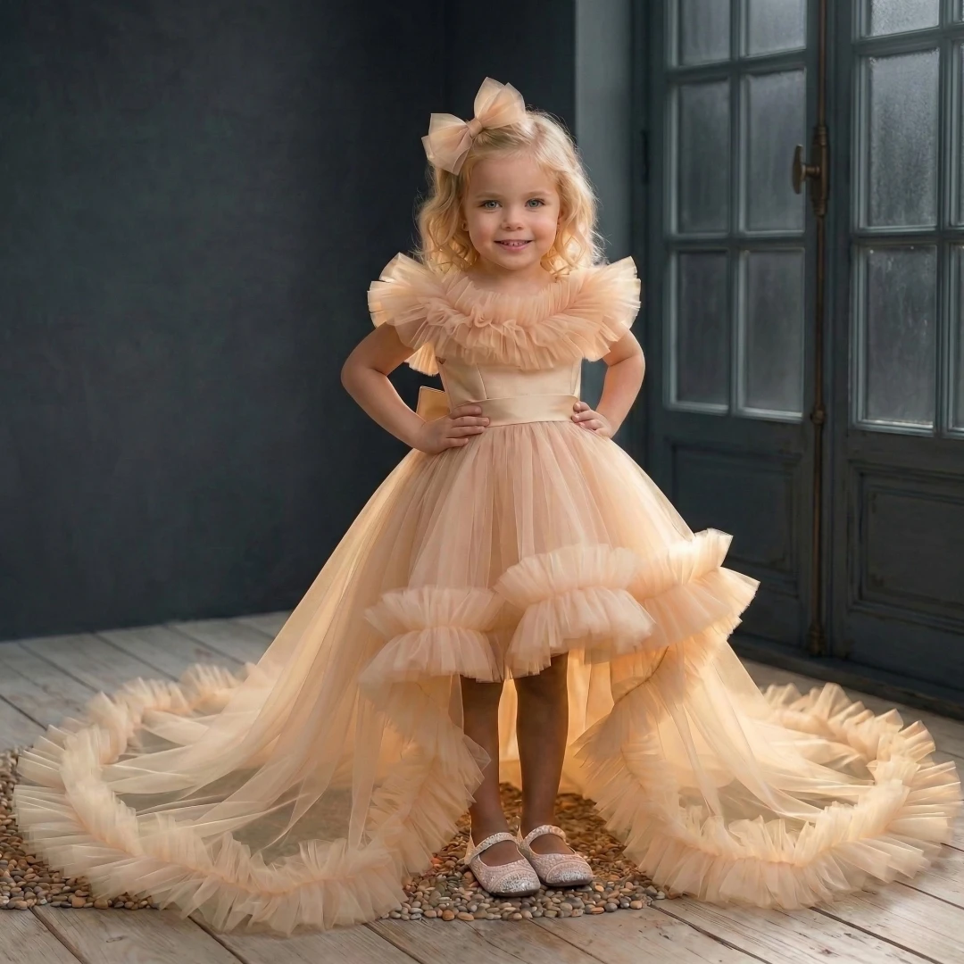 Customized Flower Girl Dresses Champagne Tulle Tiered With Bow And Trailing For Wedding Birthday Party Prom Banquet Ball Gown