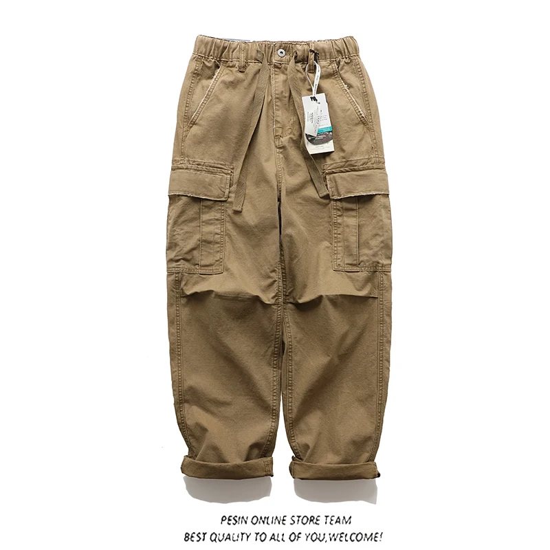 

Японские повседневные брюки с завязками в стиле ретро, мужские свободные базовые брюки для десантника, рабочая одежда, модные брендовые многоэтажные брюки для отдыха...