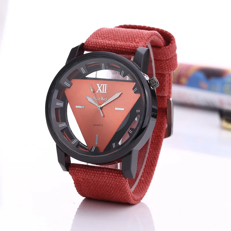 UTHAI CQ155 Fashion Triangle Double sided Hollow Men watch Cowboy Canvas Strap Watch Quartz Watch Clock Gift watches for man