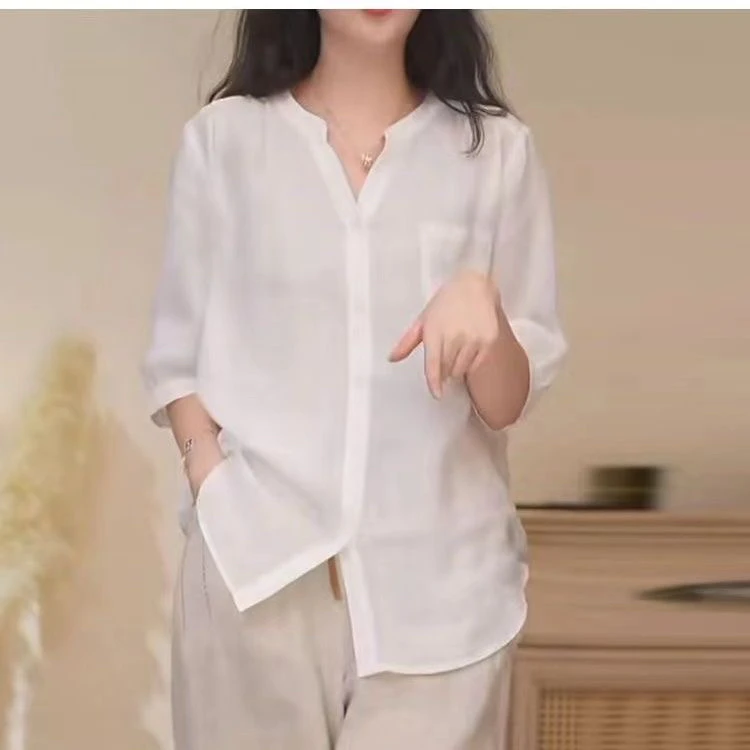

Loose Fit Summer mat Color V-Ne irt Women's Five-Quarter Sve Faionable Small irt Linen Material