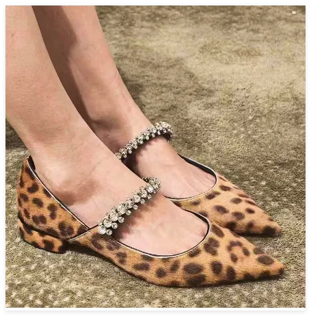 Carpaton Newest Pointed Toe Flat Shoes Sexy Leopard Printed Rhinestones Women Shoes Mary Janes Dress Shoes