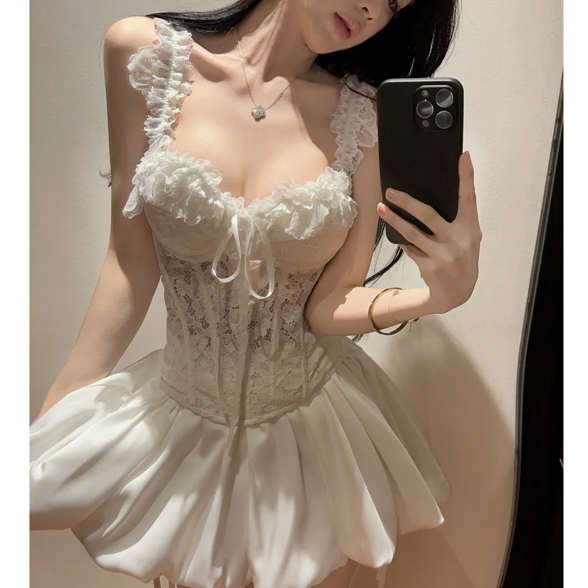 

Ele Waist-Cinching Lace Patchwork Vintage Sexy Strap Women's Skirt-Pant Set 3D Tailoring ort Sle Zipper Closure