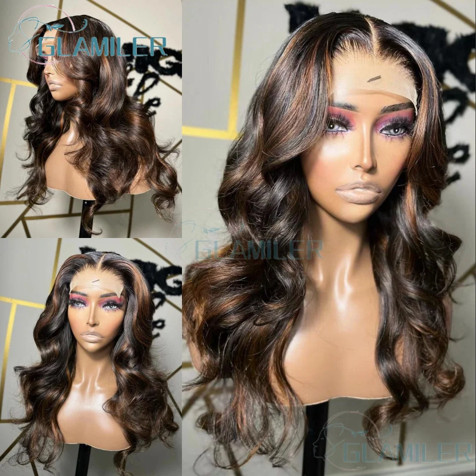 Highlights Body Wave Wig 13x4 Silk Top Lace Front Wig Black Wig with Brown Color 5x5 Silk Base Closure Human Hair Wigs For Women