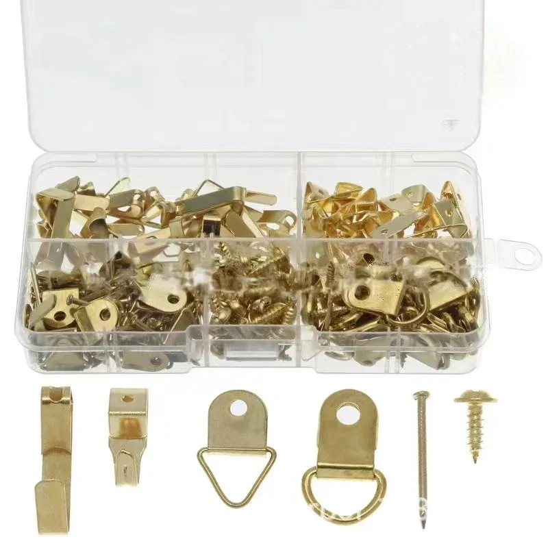 180PCS Bxed Picture Hangers Kit Gold Frame Picture Hook+Frame Hook Small Hanging Ring with Nail D Ring Screw Kit