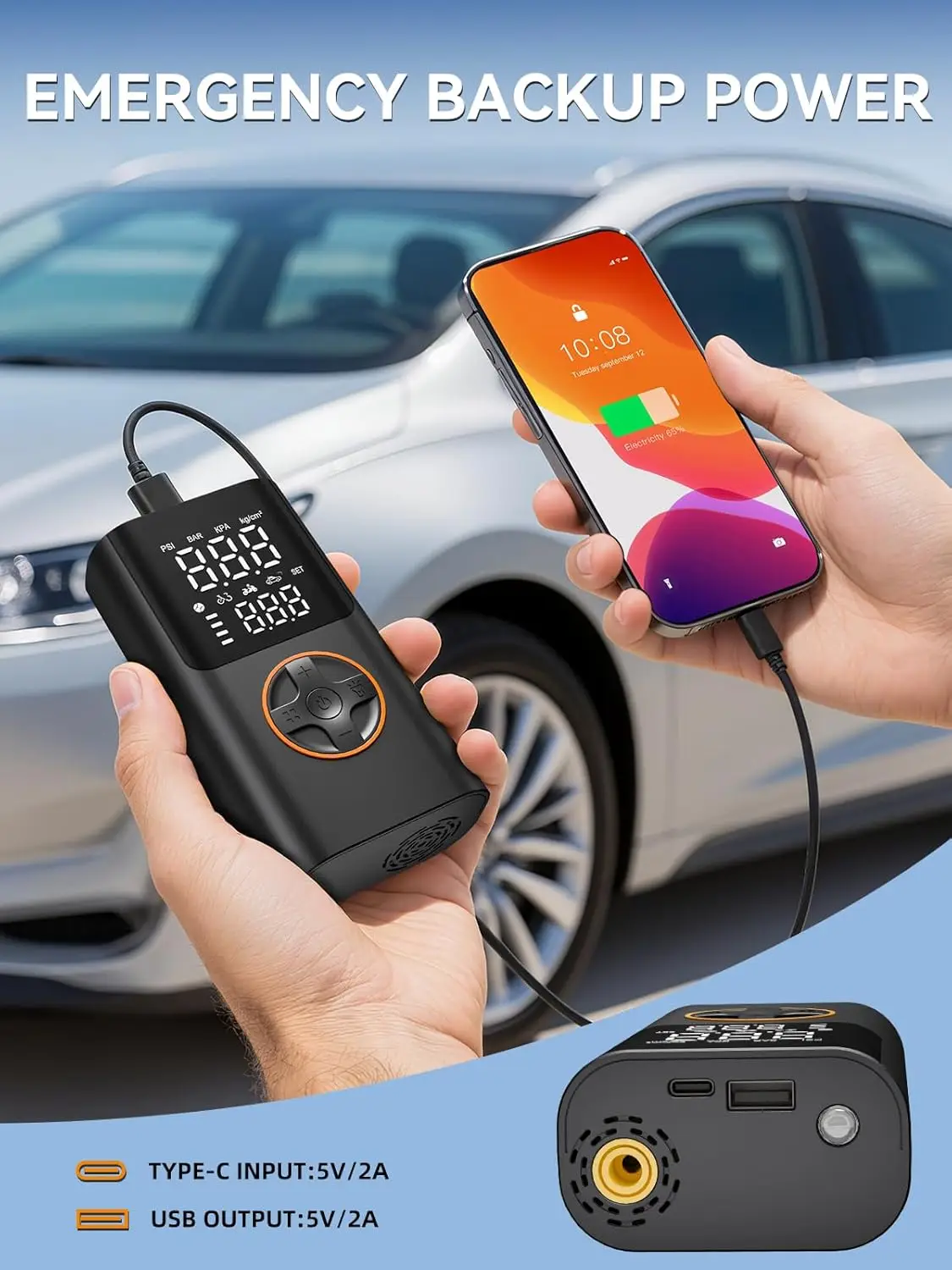 منفاخ إطارات محمول، ضاغط هواء 150 رطل لكل بوصة مربعة مع مقياس وشحن USB للسيارة والدراجة والدراجات النارية والسكوتر والكرة