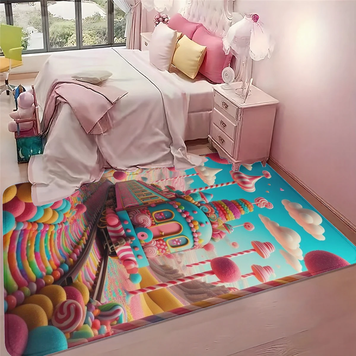 1Pc Enter the Sweet Candy Kingdom! Cartoon Candy Train Cute and Childlike Bedside Rug for Home Use