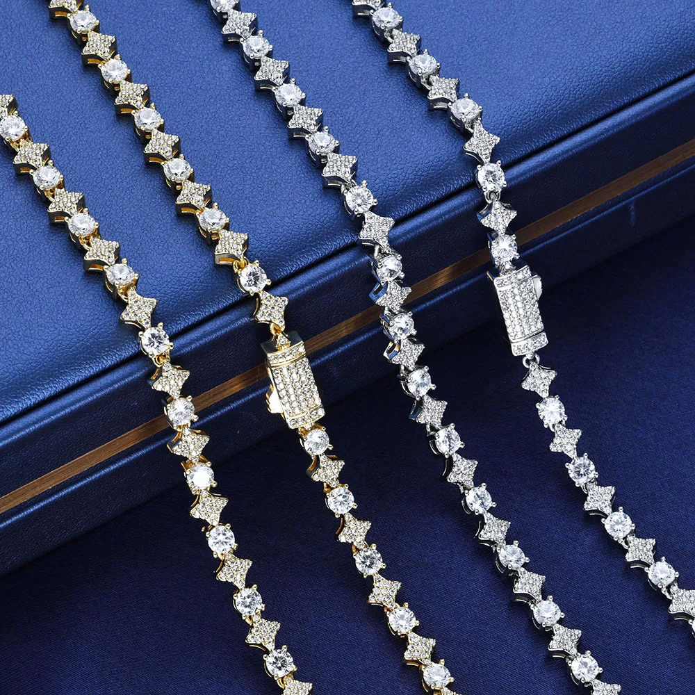 

Bling Iced out Cut Star Tennis Chain Hip Hop Jewelry 5A CZ Diamond Black White Necklace for Women Best Couple Gift
