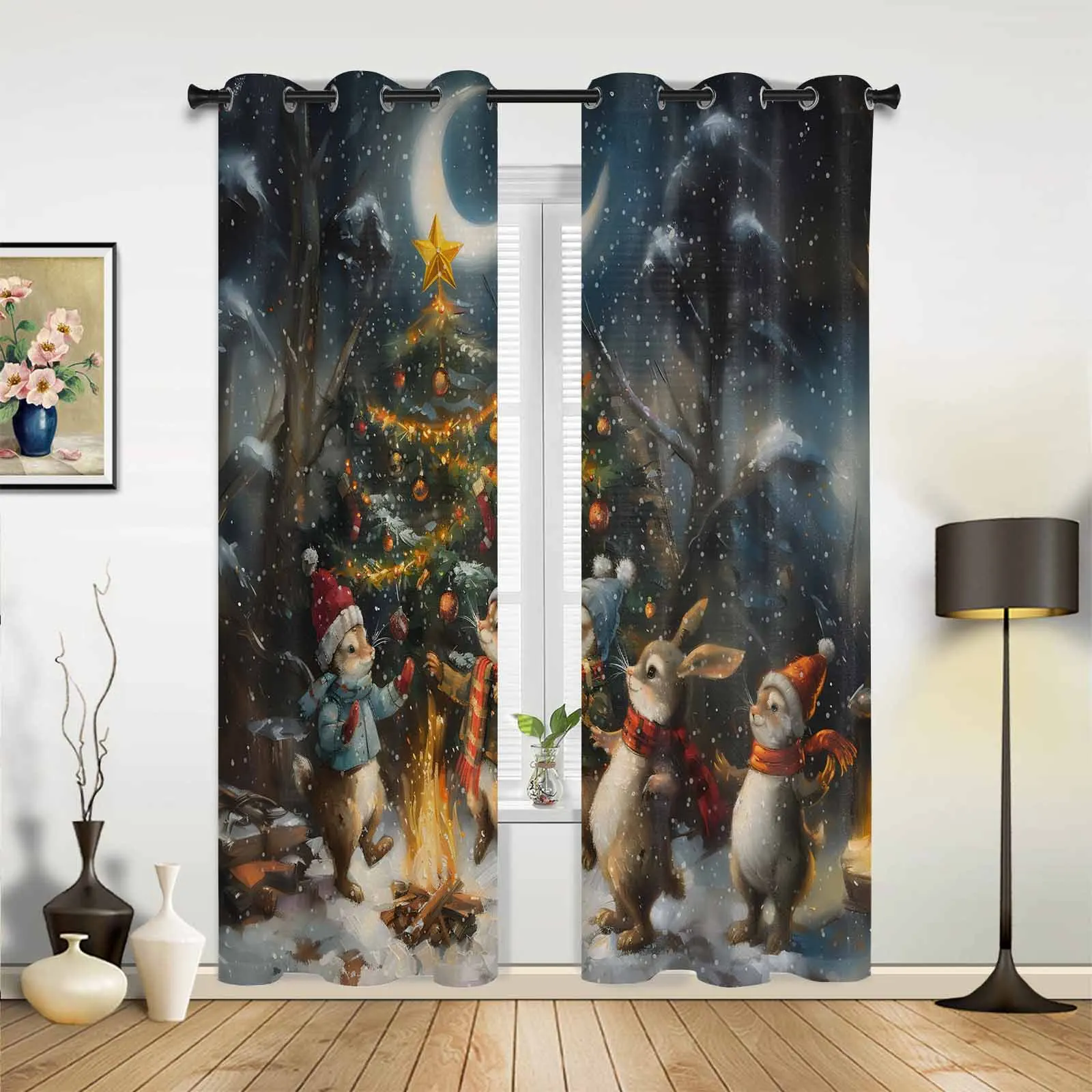 Christmas Snow Forest Moon Animals Windows Curtains Living Room Luxury Decor Christmas Curtains Bedroom Kitchen Window Drapes