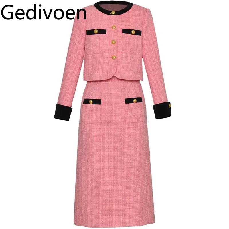 Gedivoen Autumn and Winter Women's Suit Black Round neck Single breasted Tops+Straight Skirt young girls'style Two piece set