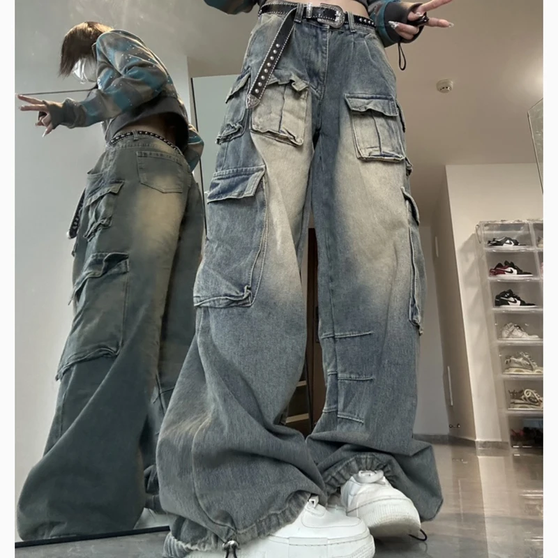 Y2K Solid Retro Street American Women Jeans Summer New Pockets Loose Female Denim Pants Casual Button Ladies Cargo Pants