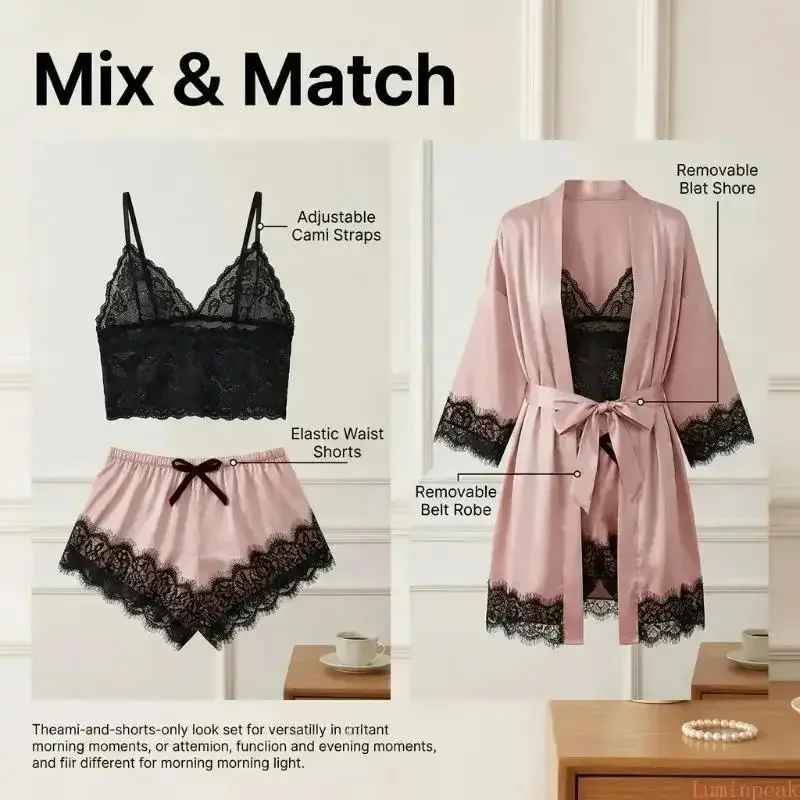 Women's 4-Piece Satin Pajama Sets - Shortsleeve, Sexy, Soft Silky Fabric with Floral Lace Long Robe & Nightgown, Fitted All Seasons Sleepwear, Casual Loungewear for Home Relaxation, Ideal Gifts view 4