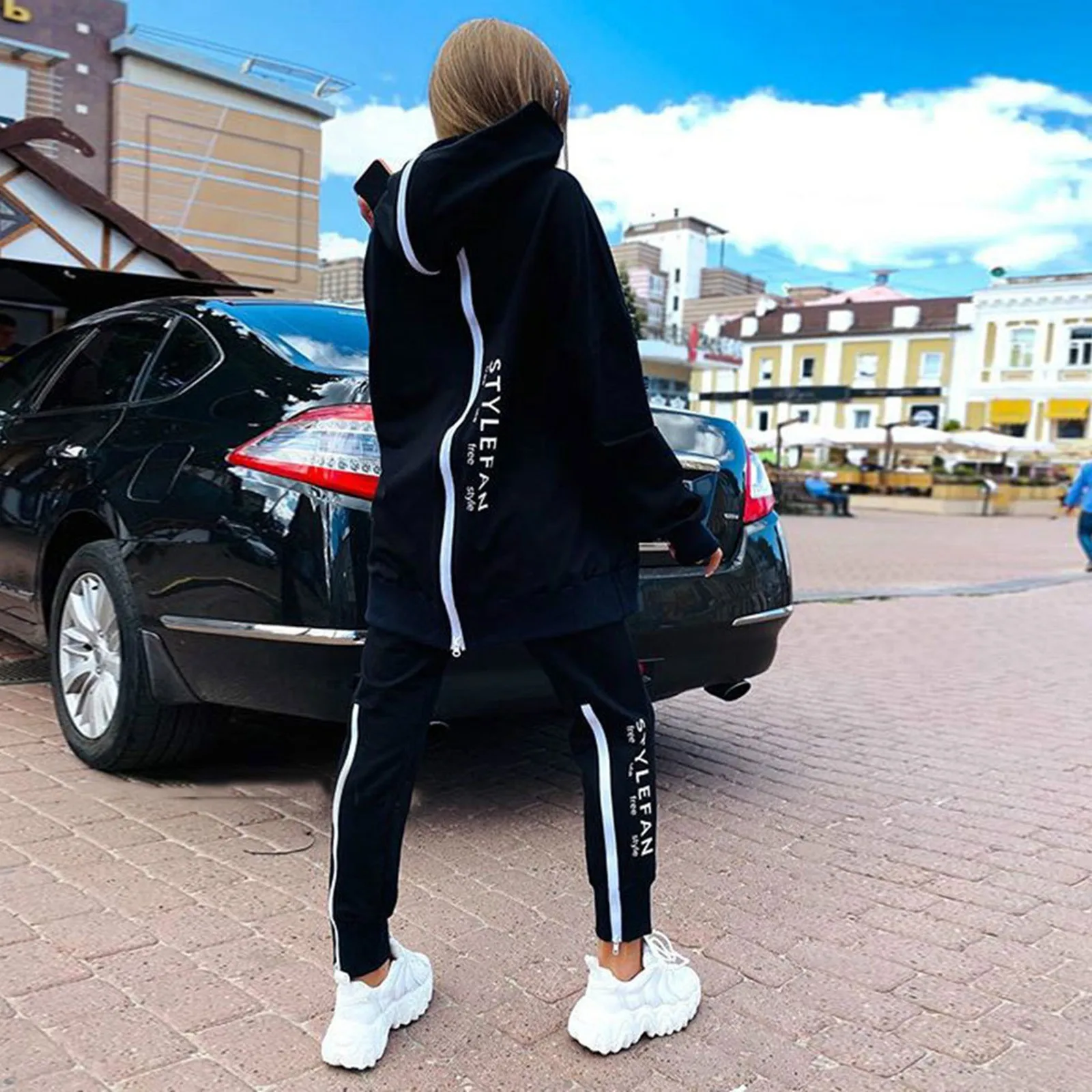 2024 Winter übergroße Trainings anzug zurück Reiß verschluss lange Hoodie Hose Set Street Sportswear Pullover Hip-Hop zweiteilige Frauen Outfits