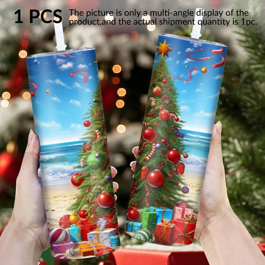 1pc 20Oz stainless steel straightcupwith straw cover beach Christmas tree elements suitable for Christmas and Halloween as gifts