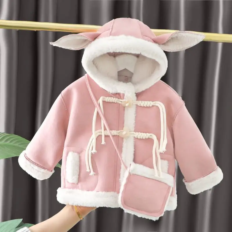 

Girls' Autumn Winter Warm Coat Long Thicken Overcoat Hooded Pure Color Leather Jacket Tops Children Clothing Fleece Lined Trendy