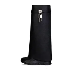 2026 Elegant Women's Boots Knee High Fashion Chimney Boots Wedges Heel New High-heeled Round Toe Belt Buckle Boots Women Shoes