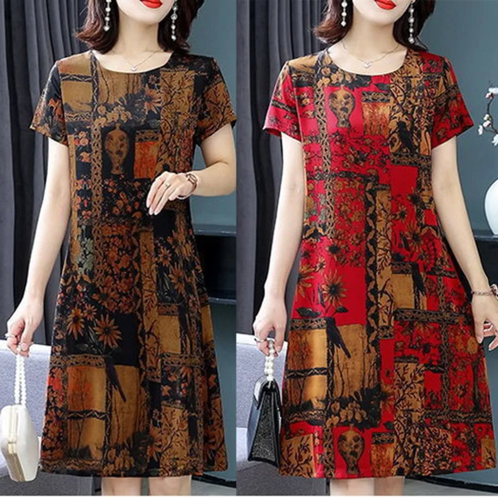 Ladies Casual Dress Women Retro Plus Size Print Short Sleeved Skirt Loose Mother Wear Dressess Round-Neck Fashion