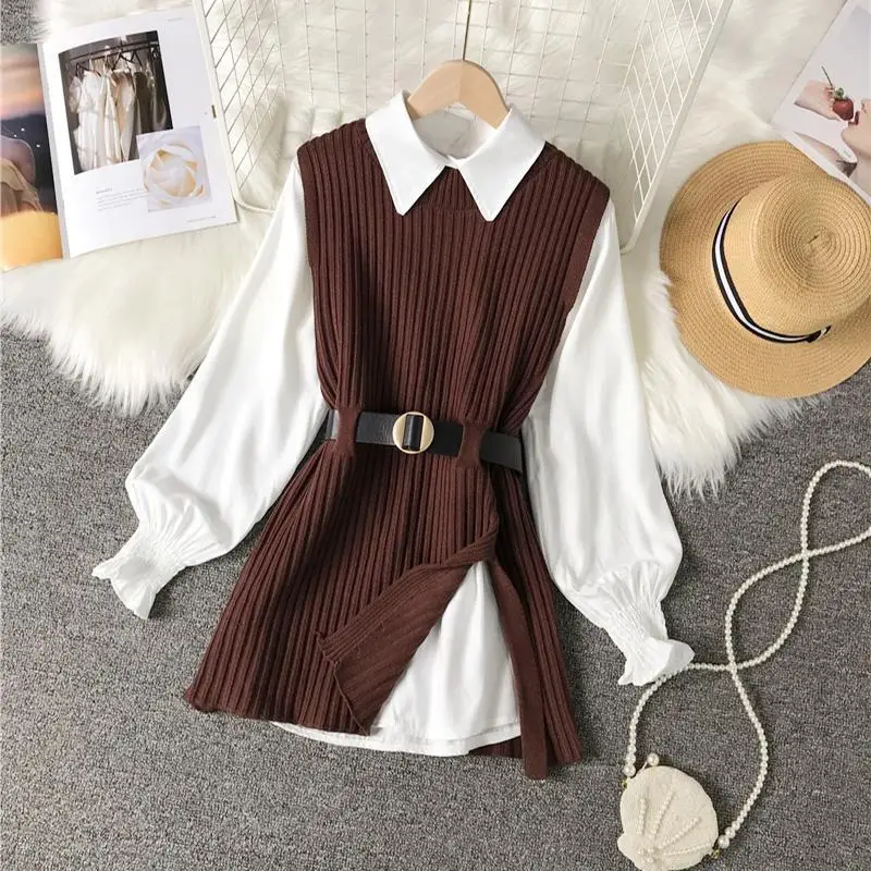 2023 Spring and Autumn Women\'s Set Solid Color Sleeveless Sweater Vest Shirt Long Sleeve Belt Fashion Casual Two Piece Set