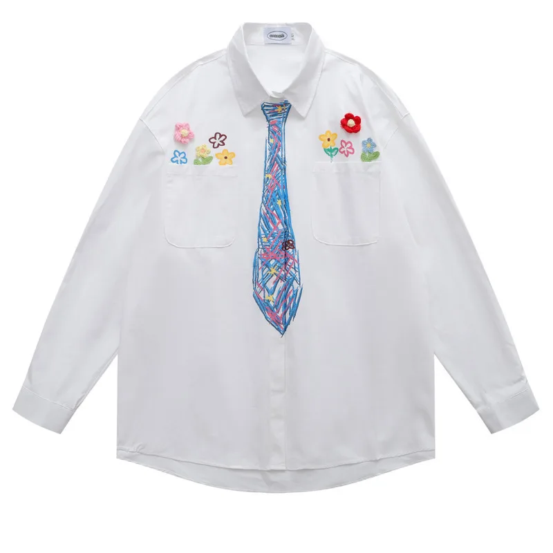 Men's American retro autumn versatile simple loose casual shirt jacket niche graffiti hand-painted tie long sleeved shirt