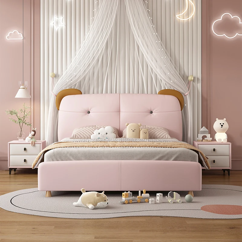 

Charming Children's Leather Bed: Fluffy Headboard, Customizable Leather Color for Personalized Decor