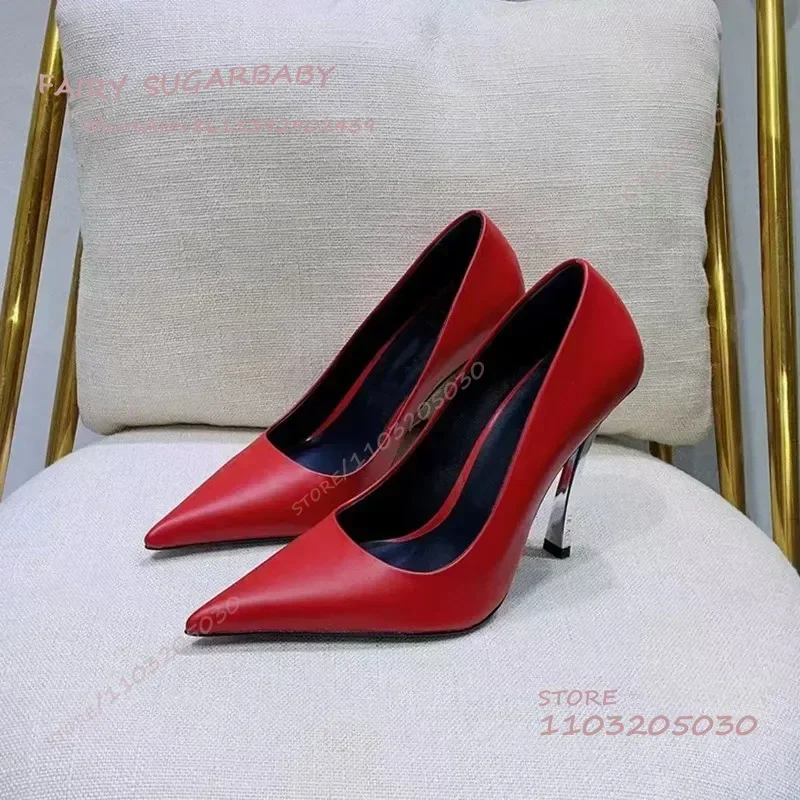 Womens Dress Pumps Pink Girls Silver Stilettos Metal Pointed Heels White Leather Red Sexy Dinner Party Dress Shoes Women Autumn