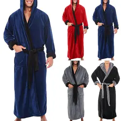 Men Solid Hooded Bathrobe Towel Nightgown Soft Long Sleeved Robe Coat V-Neck Casual Home Clothes Sleepwear Men Large Nightwear