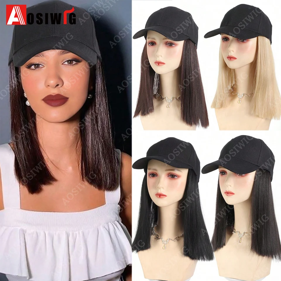 Hat Wigs Straight Hairpiece Wig with Black Baseball Cap Heat Resistrant Synthetic Black Brown Blonde Hairpiece Connet Hat for Wo