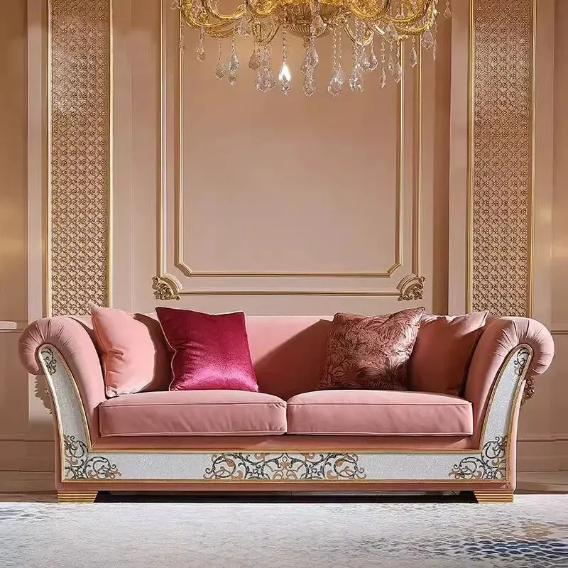 French luxury solid wood carving flower sofa, European shell parquet fabric sofa combination, villa sofa