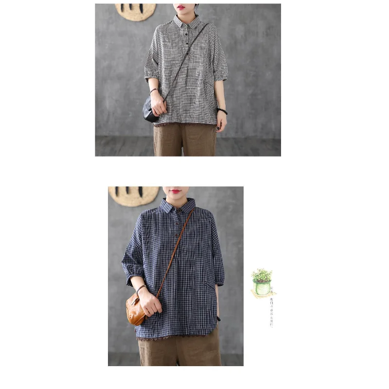 Chemise à carreaux en coton et lin pour femmes, ample, grande taille, rétro, dentelle, manches courtes, nouvelle tendance, rajeunissante
