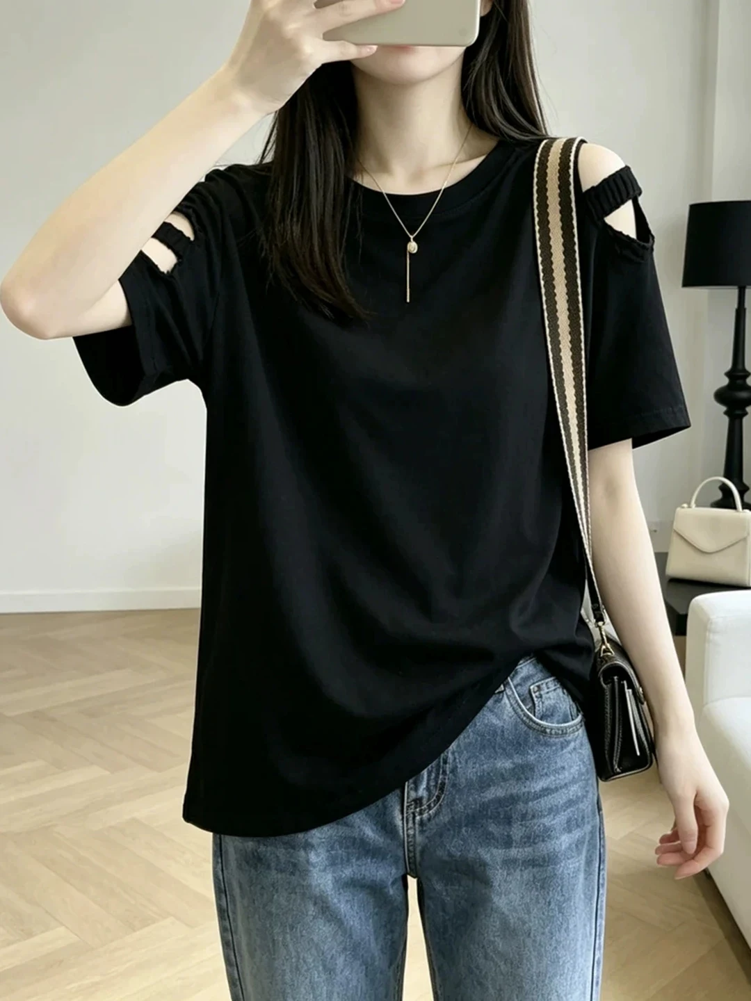 plus Size Black Cotton Short Sleeve T-Shirt Women's Loose Fit Summer New Style Hollow out Design Slimming Top Korean Style